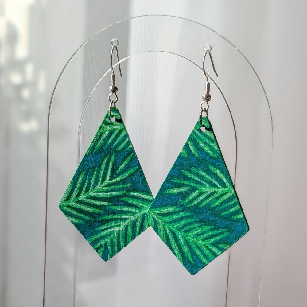 Hand Painted Tropical Leaf Earrings, Acrylic Painting on Wood